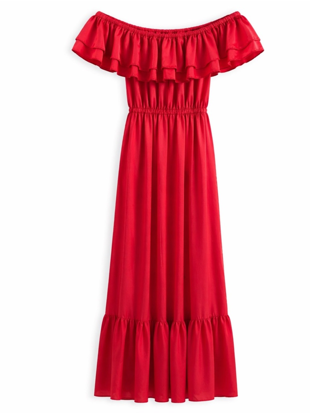 Off-Shoulder Ruffle Maxi Dress in Bright Red